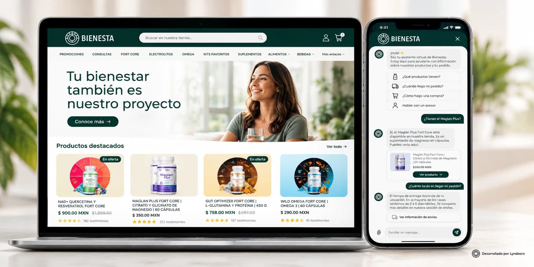 Sitio de Bienesta en laptop y su asistente virtual en un teléfono
