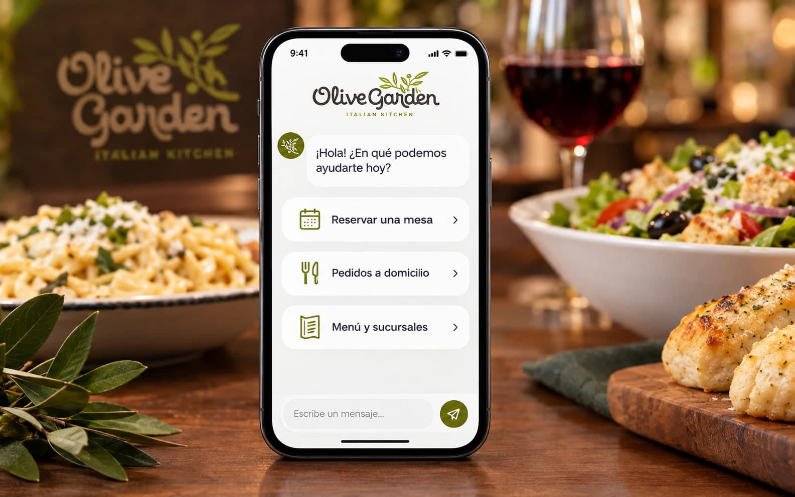 Chatbot de Olive Garden en un teléfono, con opciones para reservar, pedir a domicilio y ver el menú